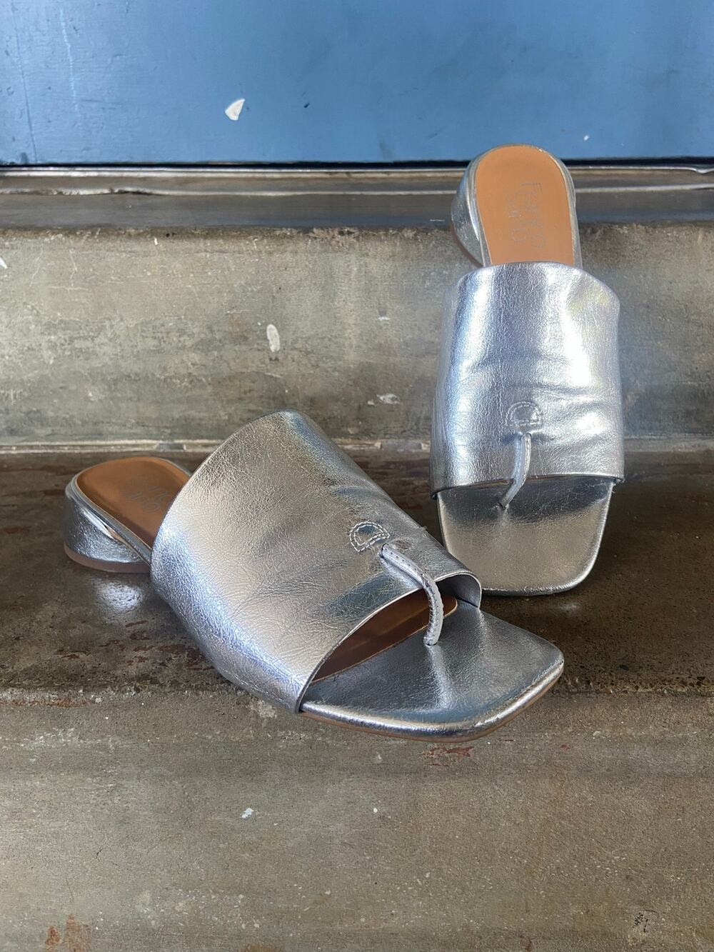 Franco Sarto “LORAN” silver slide sandals with toe post